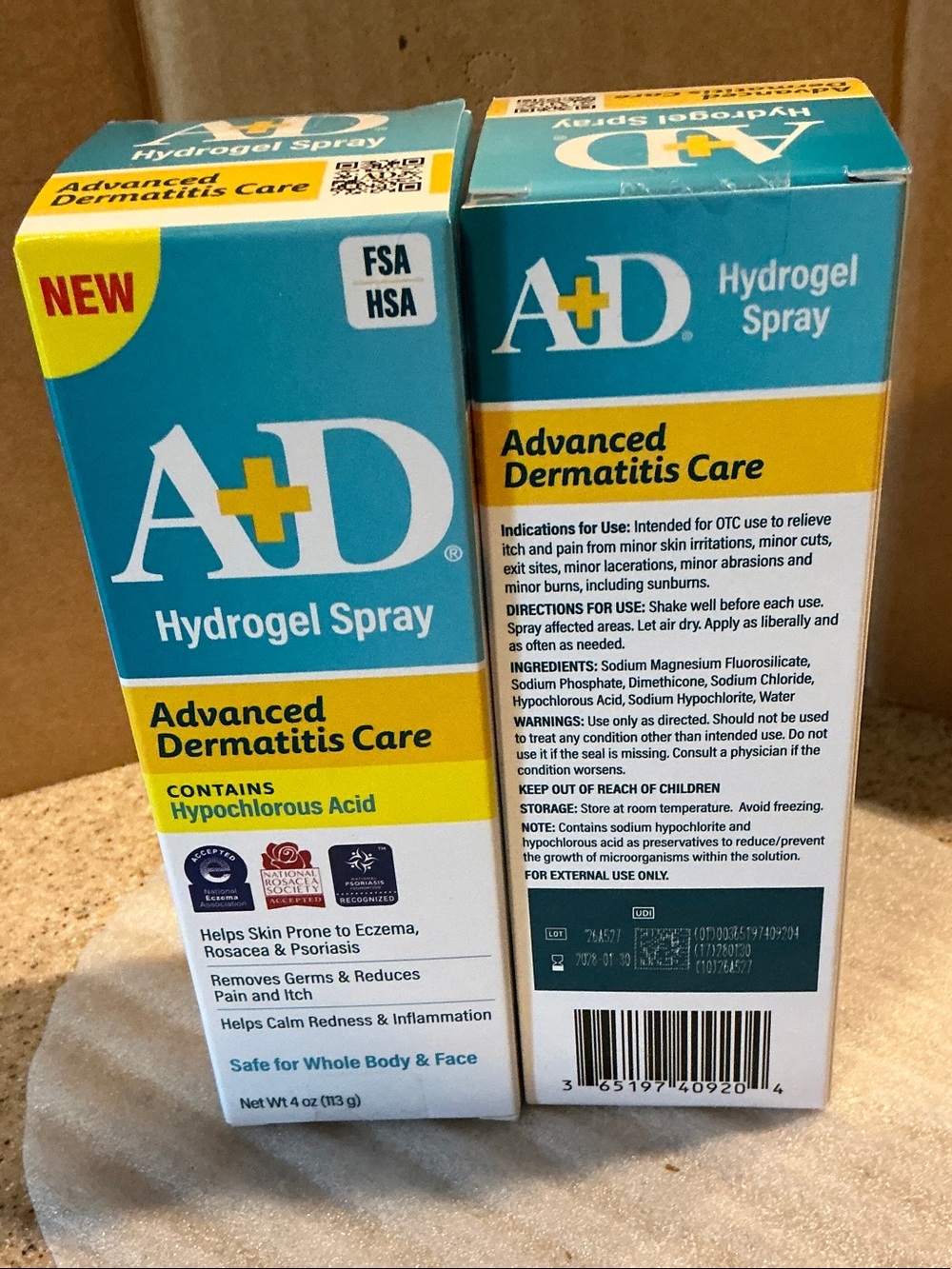 Lot of 2 A+D Hydrogel Spray w/Hypochlorous Acid Dermatitis Care 4oz Sealed Boxes